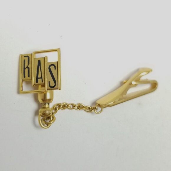 Vintage Hickok R.A.S Initial Monogram Tie Clip and Pin, Gold Tone Enamel Letters - Picture 1 of 5